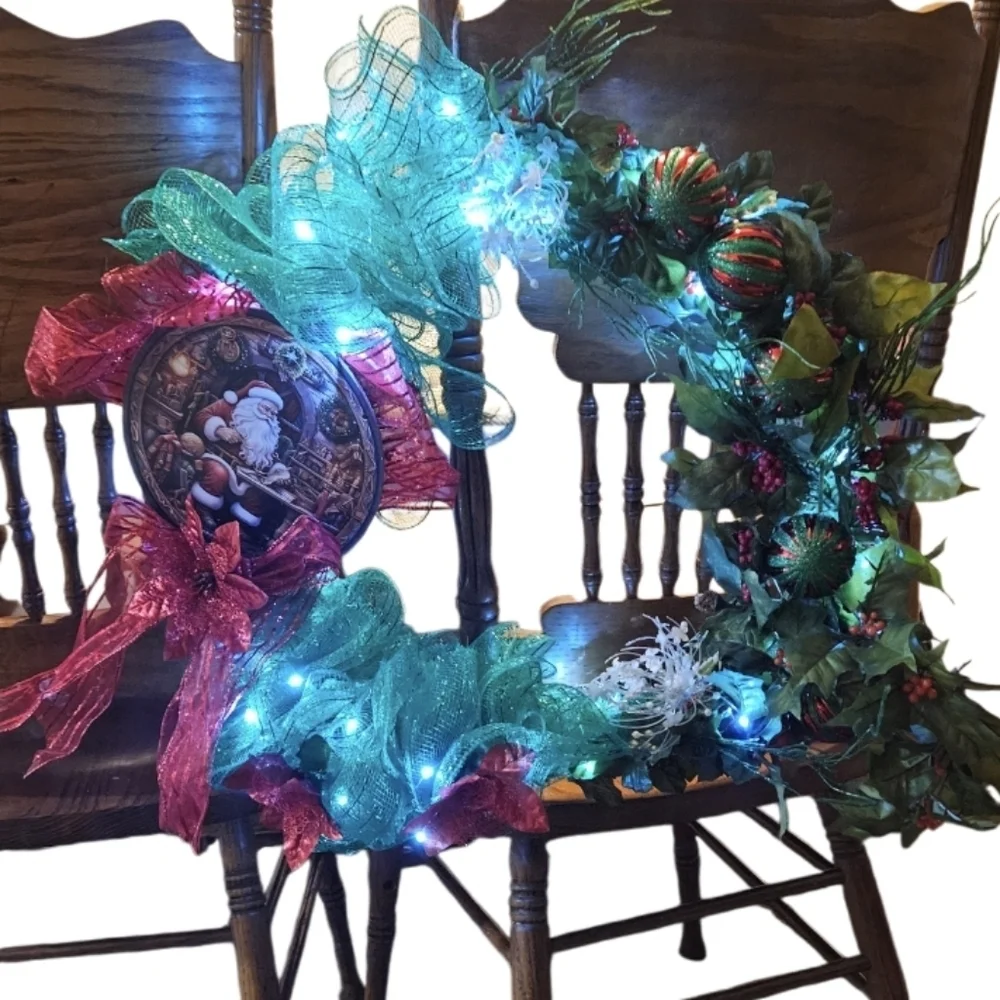Hand Crafted GreenHandmade Holiday Wreath Santa's Wall Door decor String Lights